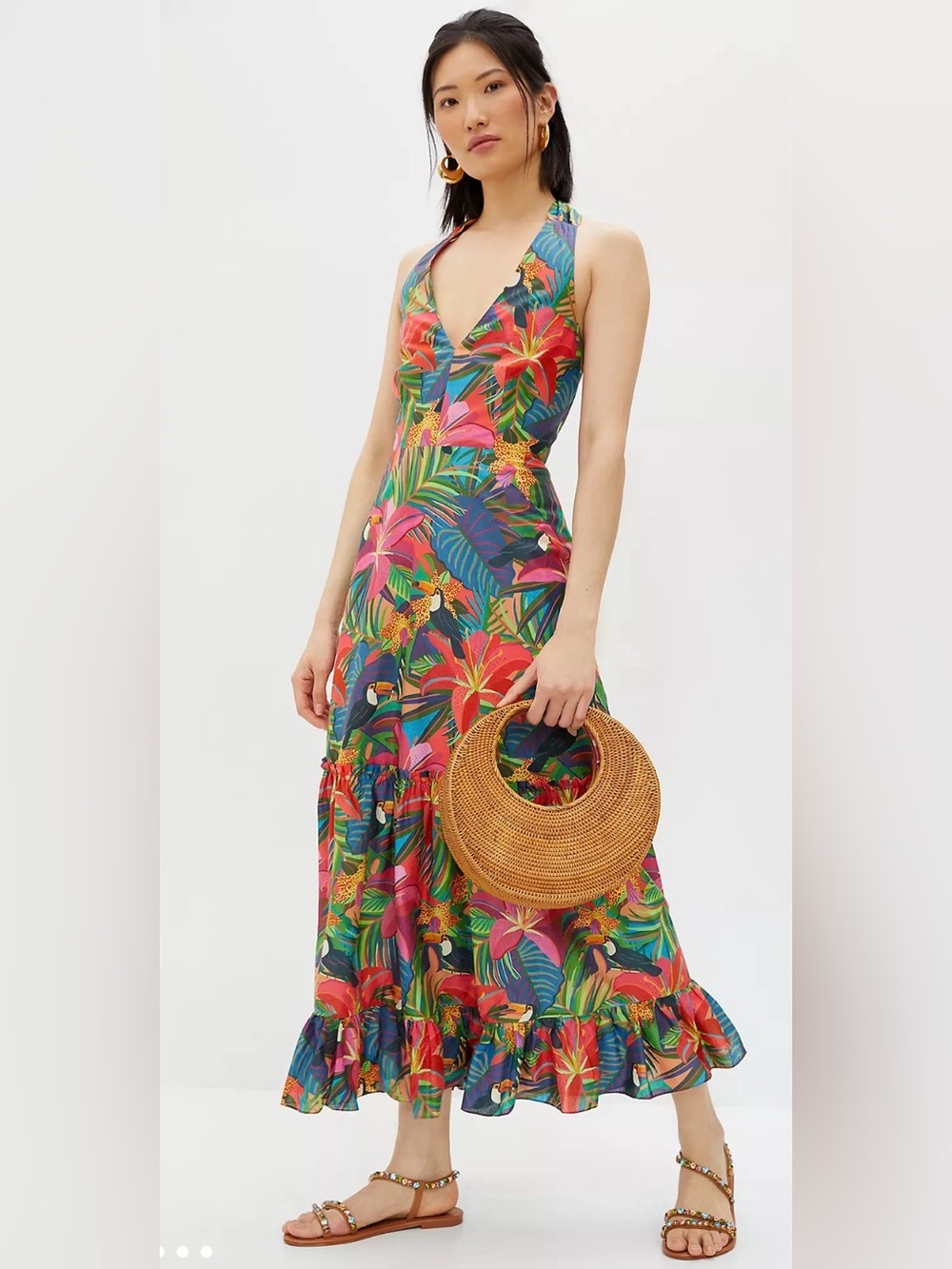 FARM Rio Multicolor Tropical Hawaiian Halter long Dress